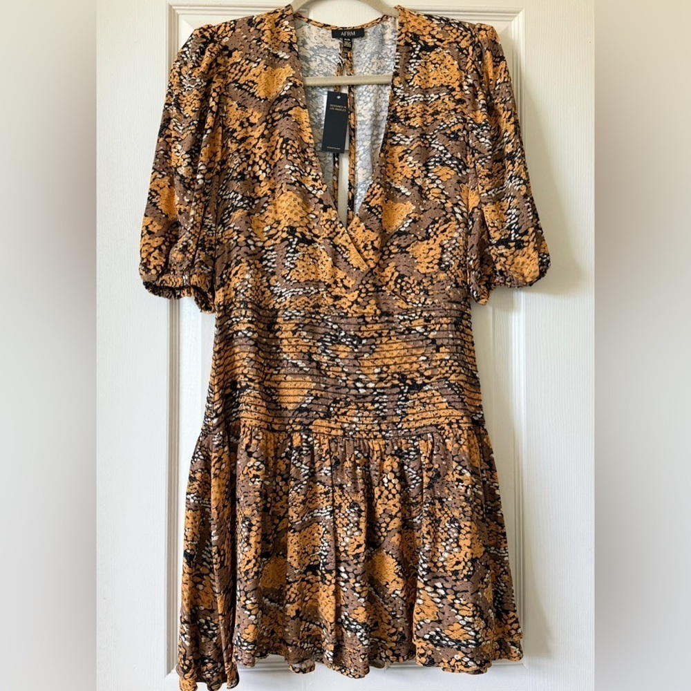 NWT AFRM Camila Mini Dress Women M V-Neck Snake Print Golden Brown